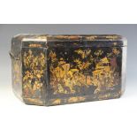 A 19th century chinoiserie lacquered sewing box, of octagonal form, painted with warriors on