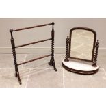 A Victorian mahogany and marble top toilet mirror, the arched mirrored plate within a moulded