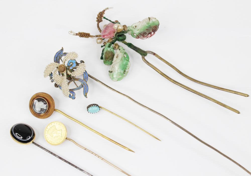 A selection of stick pins and accessories, to include a carved hardstone cameo stick pin, - Image 2 of 30