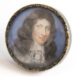 English School (19th century), A portrait miniature, tondo, depicting James II, with curled hair and