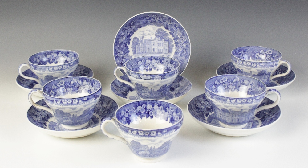 Six Wedgwood blue printed breakfast cups and saucers in the Bolesworth pattern, bearing date 1922,