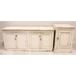 A 19th century painted pine housekeepers cupboard base, formed from two pairs of panelled cupboard