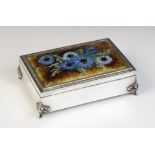 A silver coloured enamelled jewellery casket, of rectangular form raised on four scrolling feet, the