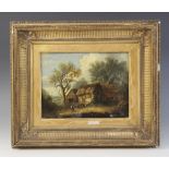 English school (19th century), A country cottage scene with tree and figure, Oil on board, Unsigned,