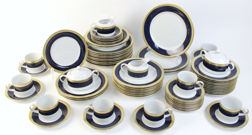A Laklain porcelain part dinner service in the 'Regency' pattern, comprising: twelve soup plates,