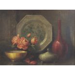 Dutch School (late 19th century), Still life with coral roses and ruby bottle with bowls and