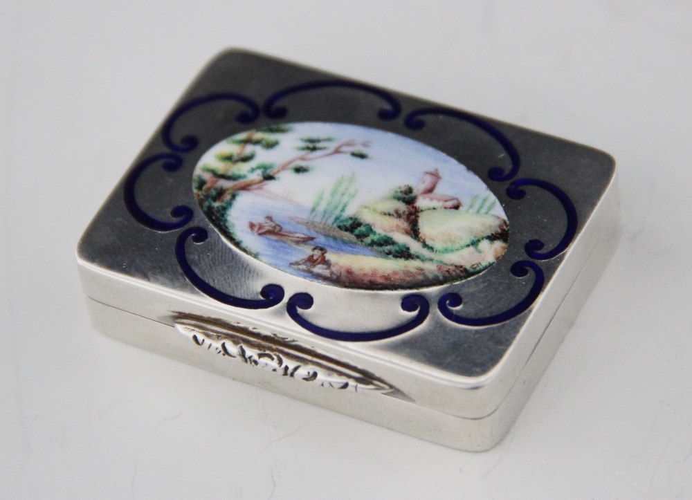 A silver and enamel pill box, Peter John Doherty, Birmingham 1979, of rectangular form, the cover