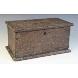 A 17th century chip carved oak box, possibly Welsh, overall carved with geometric and foliate