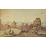 English School (19th century), Gentleman sketching a country house landscape with cattle in the