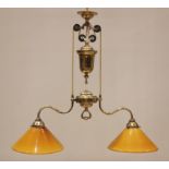 A Christopher Wray brass two branch rise and fall pendant light fitting, late 20th century, complete