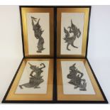 Four rubbings on paper, each depicting an Asian dancer (possibly Thai or Burmese), 20th century,