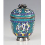 A Chinese silver and enamel box and cover, 19th/20th century, of cylindrical form and decorated with