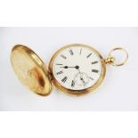 A Victorian 18ct gold full hunter pocket watch, the circular white enamel dial with Roman numeral