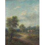 English school (19th century), Figures on a path with manor house beyond, Oil on canvas,