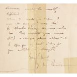 J.M. BARRIE INTEREST: A hand-written letter from J.M. Barrie to an unknown recipient, on folded note