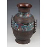 A Chinese cloisonné inset bronze vase, 20th century, of archaic style with a central cloisonné