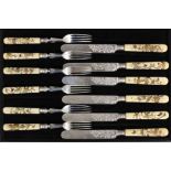 A set of Victorian shibayama knives and forks, six place setting, the blades and tines with engraved