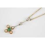 An Edwardian emerald, diamond and pearl pendant, comprising two old cut diamonds, collet set to a