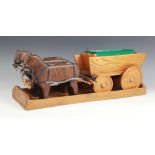 A folk art wooden model of a horse drawn haycart, early to mid 20th century, the stained wooden