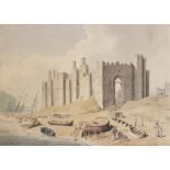 Attributed to Paul Sandby (1730-1809), A castle ruin on a beach with fishing boats, Watercolour on