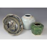 A selection of Chinese porcelain, comprising; a Shiwan pottery hexagonal ginger jar, 19th century,