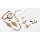 A selection of gold and gold coloured jewellery, to include a vintage ladies 9ct gold wristwatch,