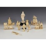 A selection of 19th century ivory carving, predominantly Indian, to include a capronised elephant,