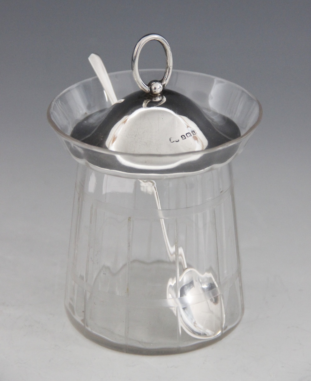 An Edwardian cut glass silver mounted preserve jar, Synyer & Beddoes, Birmingham 1908, of tapering