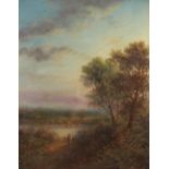 English school (20th century), River scene with a figure on a path and cattle beyond, Oil on canvas,