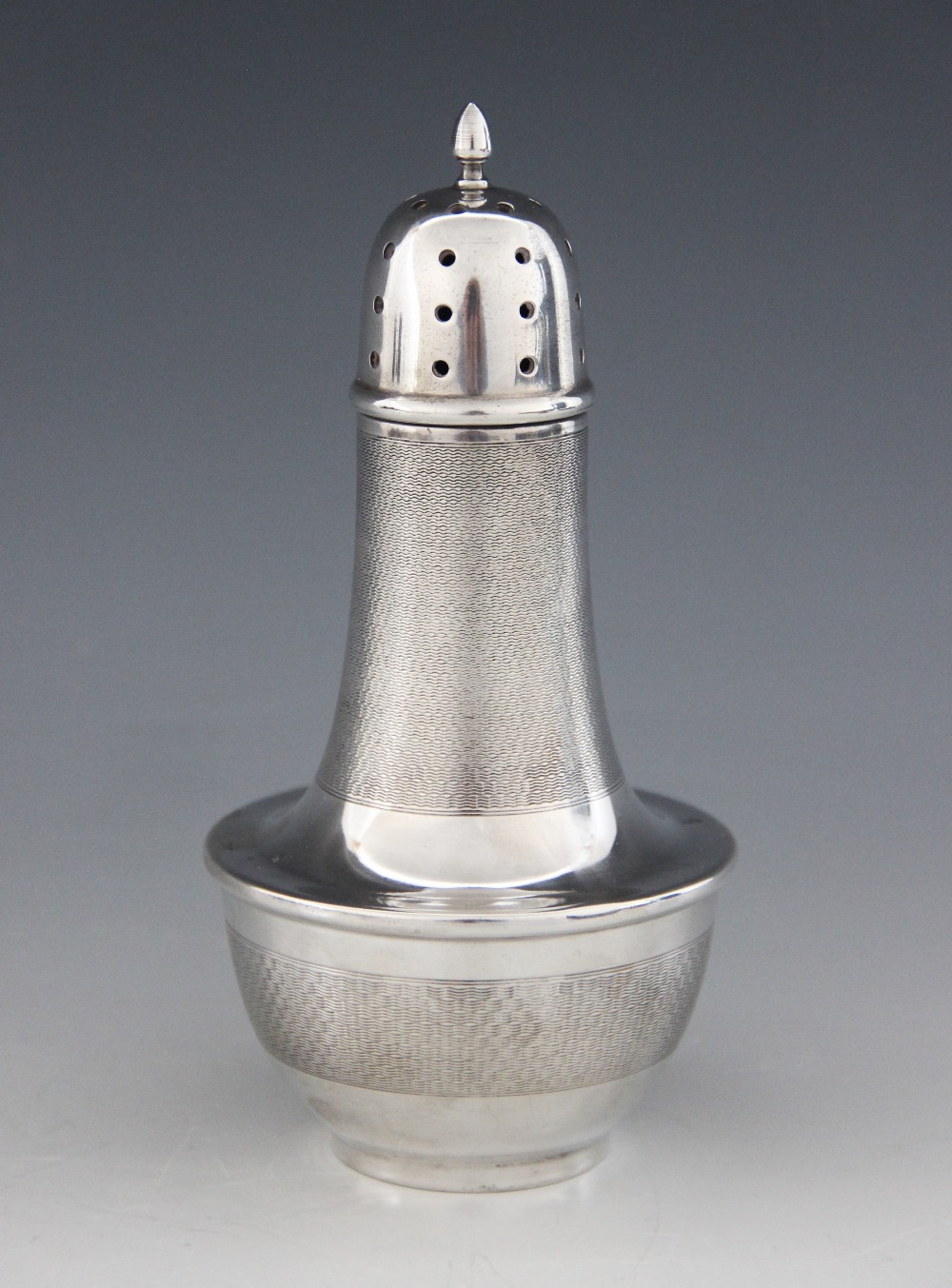 An Art Deco silver mounted sugar caster, Joseph Gloster Ltd, Birmingham 1935, of baluster form with