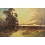 English school (19th century), Figures following a cart on a country road at sunset, Oil on