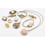 A selection of gold and gold coloured jewellery and accessories, to include a ladies 9ct Accurist