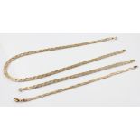 A 9ct gold tri-colour necklace, comprising woven herringbone link strands in yellow, rose and