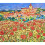 John Holt (British, b.1949), Poppies in a Tuscan landscape with village beyond, Pastel on paper,