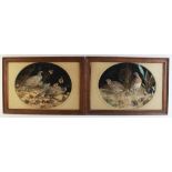 Two Victorian feather work bird pictures, with additional grass details, each 32cm x 40cm, oval