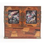 A Japanese rosewood, parquetry and mother of pearl cabinet, early 20th century, the brass mounted