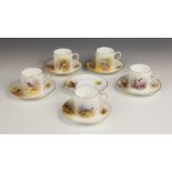 Five Royal Worcester coffee cans and six saucers, each hand painted with gamebirds, comprising: