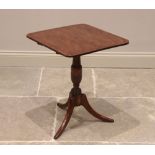 A George III yew wood tripod table, the square cross banded top with rounded corners raised upon a