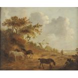 George Morland (1763-1804), A rural scene with ponies grazing, Oil on panel, Signed lower left,