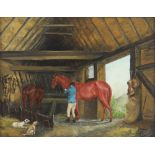 Manner of William Henderson of Whitby (1844-1904), Horses and hounds in a stable, Oil on board,