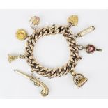 A 9ct gold charm bracelet with assorted charms, the curb-link bracelet with tongue and box snap