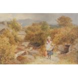 John Henry Mole (1814-1866), A young girl carrying water from a stream, Watercolour on paper, Signed