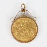 An Edwardian half sovereign, dated 1906, set to a 9ct gold pendant mount, 5.4gms