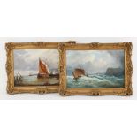 Ebenezer Colls (British, 1812-1887), A pair of coastal scenes with fishing boats in sail, Oil on