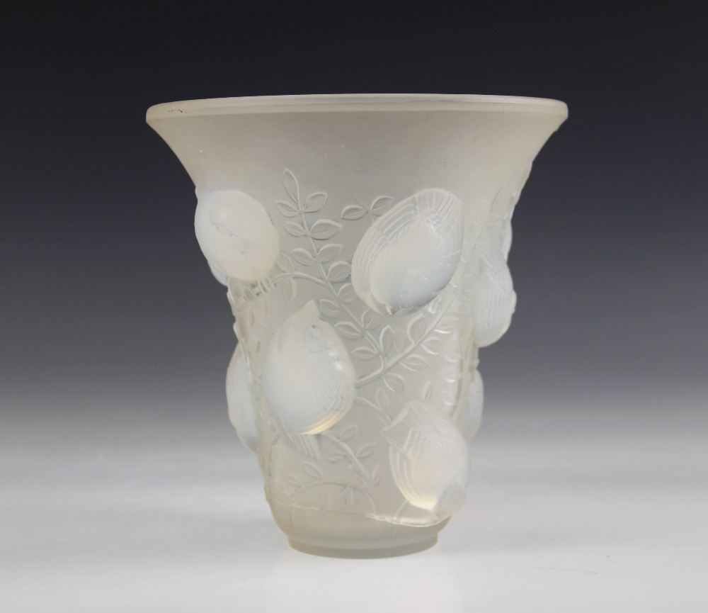 A Rene Lalique (French, 1860-1945) "Saint Francois" opalescent glass vase, the body relief moulded