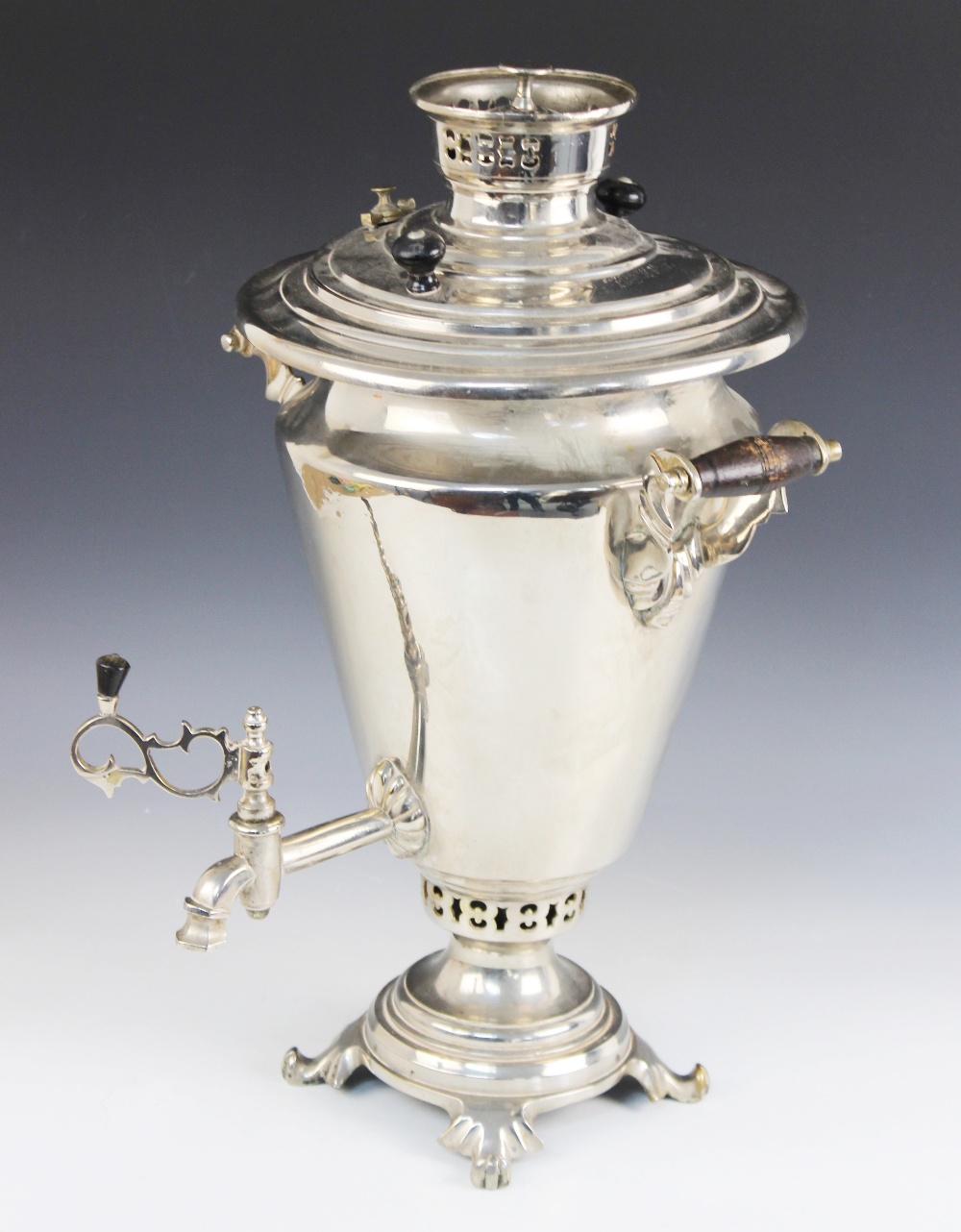 A large Russian silver plated samovar, early 20th century, of typical form with Cyrillic script to