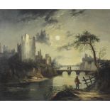 Attributed to Sebastian Pether (British, 1790-1844), A castle nocturne with a gentleman looking