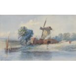Dutch School (19th century), A windmill with boat and figures, Watercolour on paper, Unsigned,
