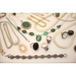 A large selection of silver and white metal vintage jewellery, to include a malachite set silver