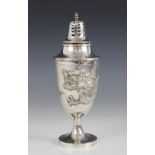 An early 20th century Chinese export silver sugar caster, of urn form on circular pedestal foot with